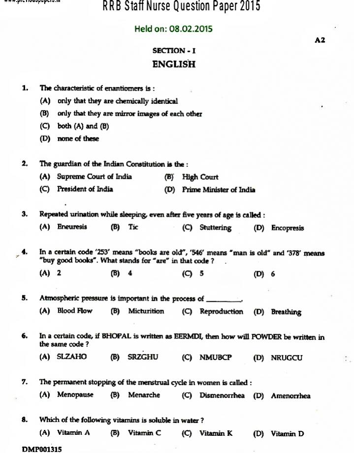 Model Question Papers Of Railway Exam For Staff Nurse How To Prepare For This Exam 