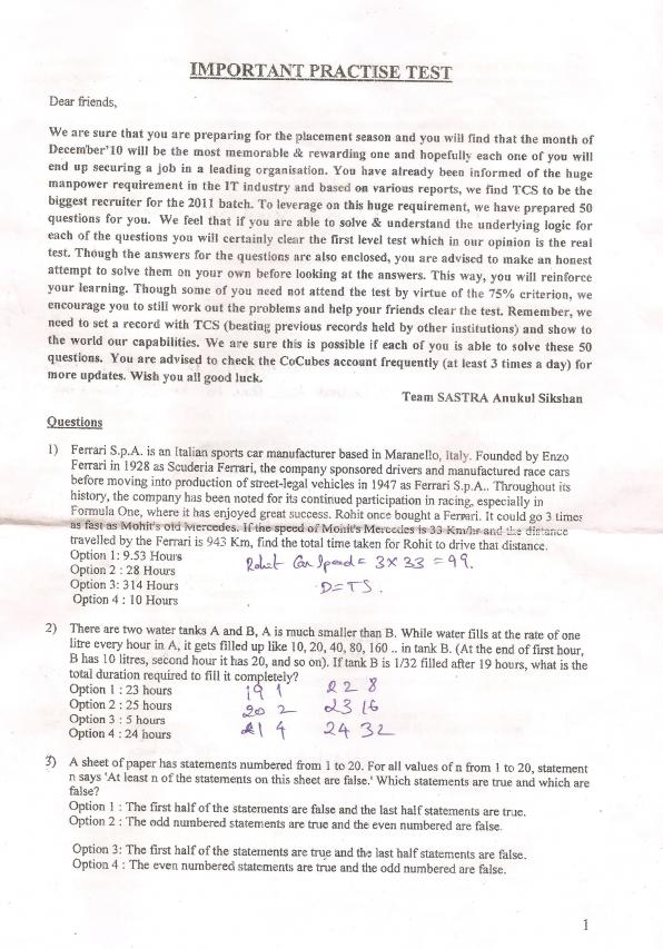 Student In 2 0 Tcs Aptitude Papers